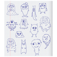 set of doodle monsters on a sheet