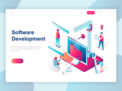Modern flat design isometric concept of Software Development for banner and website. Isometric landing page template. Developing programming and coding technologies. Vector illustration.
