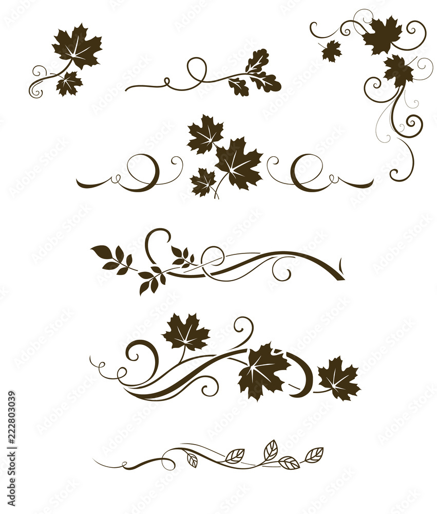Aufkleber vector set of autumn calligraphic elements, dividers and ornaments with maple, oak and rowan leaves 