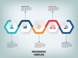 Modern infographic process template vector template with 5 hexagons can be used for workflow layout, diagram, website, corporate report, advertising, marketing.