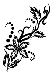 Black tribal flower tattoo illustration with leaves and dots