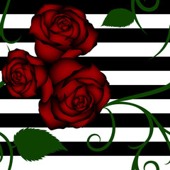 Roses seamless pattern on striped background