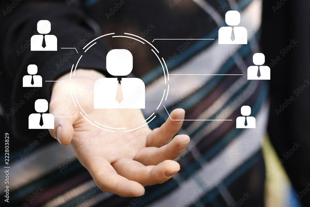 Poster businessman presses button business cooperation on virtual digital web user interface.