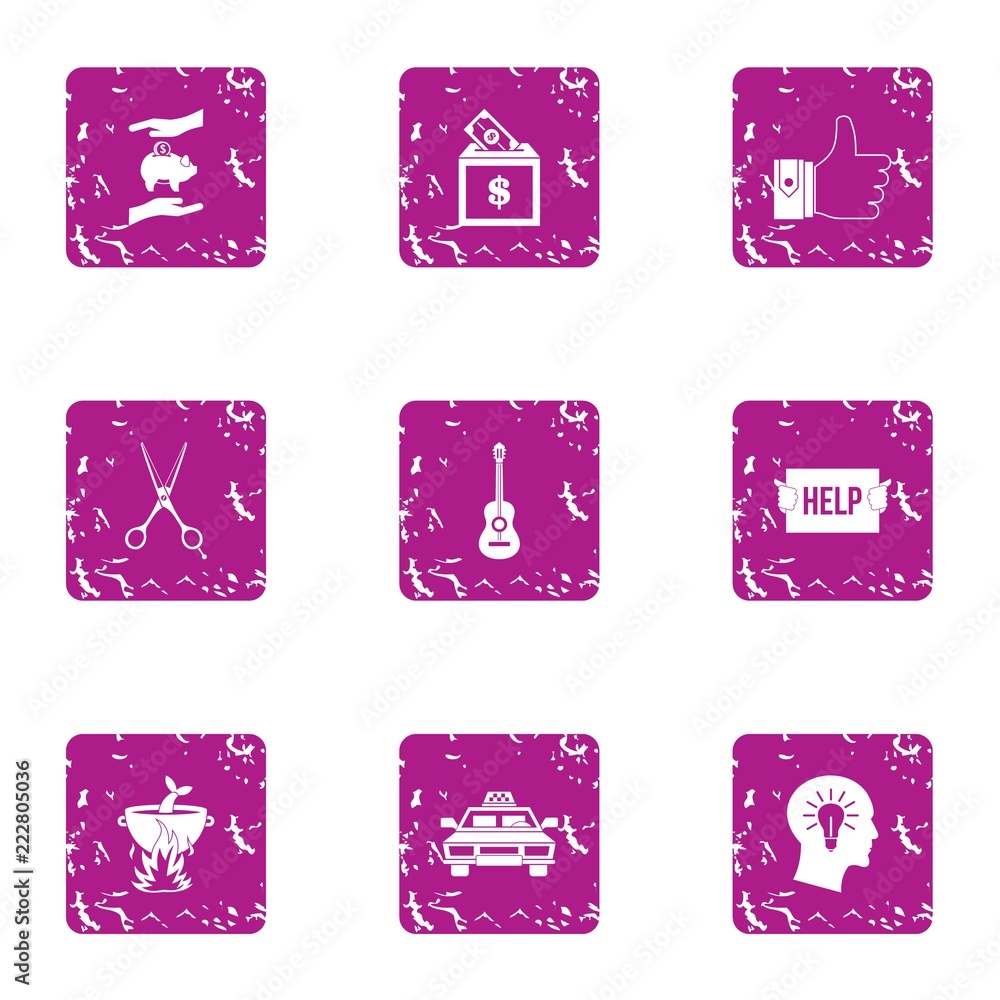 Poster currency help icons set. grunge set of 9 currency help vector icons for web isolated on white backgr