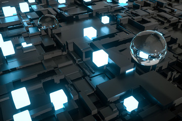 3d rendering, Fireball, Glass balls and luminescent squares