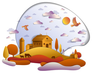 Farm in scenic autumn landscape of fields and trees and wooden country buildings, birds and clouds in the sky, cow milk ranch, countryside fall time vector illustration in paper cut style.
