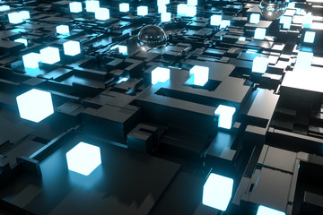 Fototapeta premium 3d rendering, Fireball, Glass balls and luminescent squares