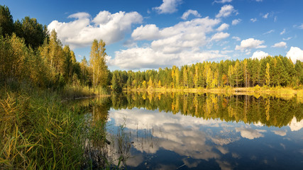 осенний пейзаж на озере с березовым лесом на берегу, Россия, Урал, сентябрь © 7ynp100