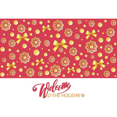 Welcome to the holiday. Invitation with snowflakes and bows. Design of the message, banner, poster. Festive calligraphy with a greeting card, an invitation to a party.