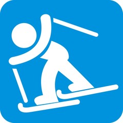 skier, white silhouette at blue frame, vector icon
