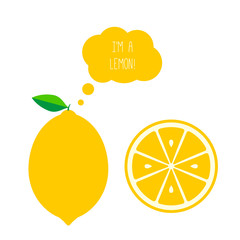 Vector Lemon Whole and Half Cut. Thought or Think Bubble. Flat Style Illustration Isolated on White. Fresh Fruits Set.