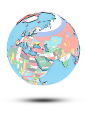 Armenia on political globe with flags