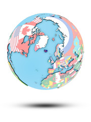 Iceland on political globe with flags