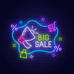 Big Sale neon sign, bright signboard, light banner. Sale tag logo, emblem. Vector illustration