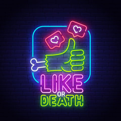 Happy Halloween neon sign, bright signboard, light banner. Halloween greeting card. Zombie Hand, Thumbs up logo, emblem. Vector illustration