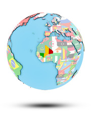 Mali on political globe with flags
