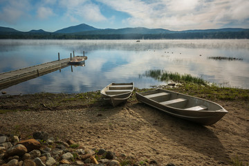 Foggy morning view of Webb Lake from Mt. Blue State Park campground © DavidGillisDesign