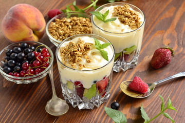 Dessert with fresh berries, granola and custard in glasses