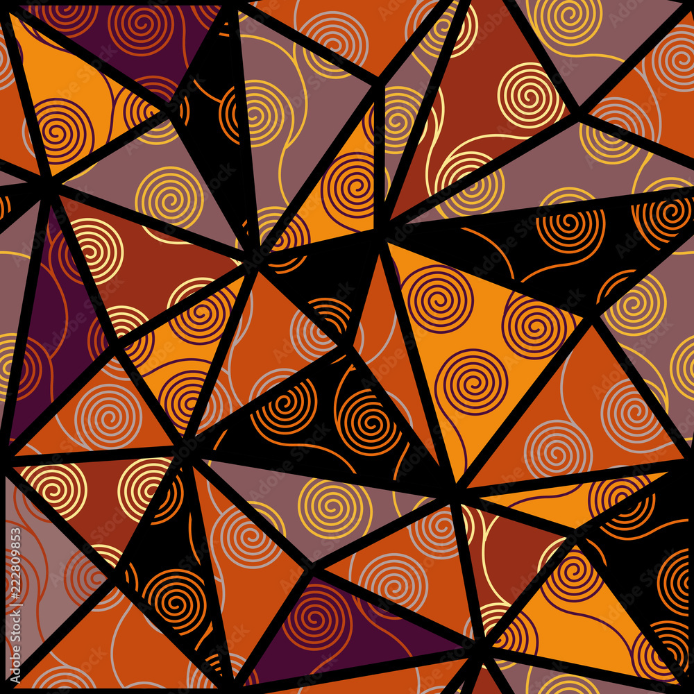Poster Seamless brown patchwork pattern. Curly waves pattern in Art Nouveau style. Vector illustration.