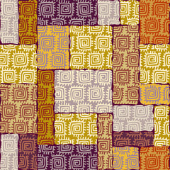 Abstract random grunge pattern in a patchwork style. Brown tribal background. Vector image. Seamless pattern.