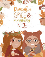Autumn background "Pumpkin and spice and everything nice". Thanksgiving day invitation or greeting card. Cute card with girl, leaves, pumpkin and books.  Editable vector illustration