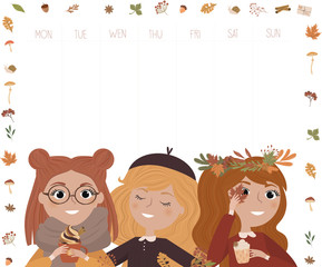 Autumn Weekly planner template background with cute girls. Editable vector illustration