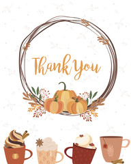 Cute autumn card. Thank you card. Thanksgiving day invitation or greeting card. Editable vector illustration