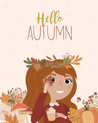 Autumn background. Thanksgiving day invitation or greeting card. Cute card with girl, leaves, pumpkin and books.  Editable vector illustration