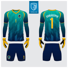 Naklejka premium Goalkeeper jersey or soccer kit, long sleeve jersey, goalkeeper glove template design. Blue and green gradient sport t-shirt mock up. Front and back view football uniform. Flat football logo. Vector