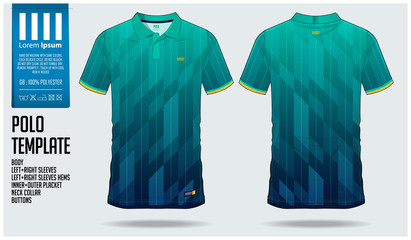 Fototapeta premium Blue and green gradient Polo t-shirt sport template design for soccer jersey, football kit or sportswear. Sport uniform in front view and back view. T-shirt mock up for sport club. Vector 