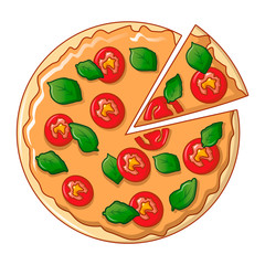 Top view pizza icon. Cartoon of top view pizza vector icon for web design isolated on white background