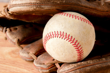 Sports Equipment old Baseball on wood background