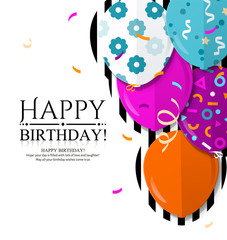 Happy Birthday invitation card with colorful balloons in flat style. Vector.