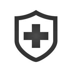 Medical shield with cross icon. Black pictogram. Modern flat design vector illustration, new concept for web banners, web site, infographics. Vector icon graphic art isolated on white background.x