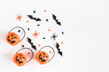 Halloween decorations on white background. Halloween concept. Flat lay, top view, copy space