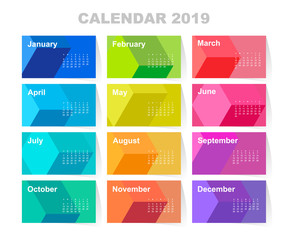 Calendar for 2019 year. Colorful vector set. Week starts on sunday. Template for your design.