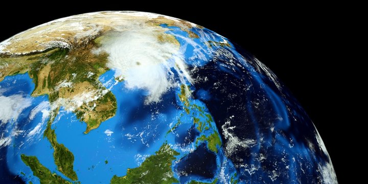 Extremely detailed and realistic high resolution 3D illustration of a Typhoon hitting  mainland China. Shot from Space. Elements of this image are furnished by Nasa.