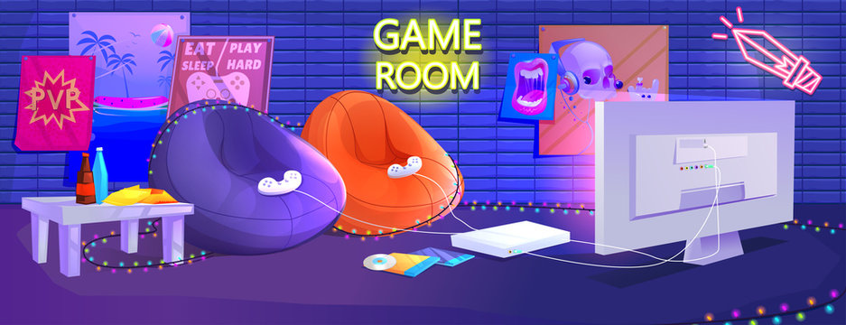 Teen Game Room Interior. Play Video Games On The Console With Comfortable Armchairs And Snacks For Gamers