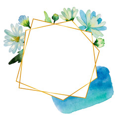 Watercolor floral geometric frame with delicate flowers, leaves, branches and textured brush strokes in blue colors. Bright modern trendy wreath perfect for summer wedding invitation and card making.