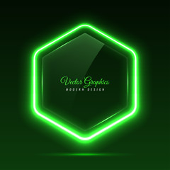 Glass banner of a hexagonal shape. Transparent billboard with neon lights. Vector illustration.