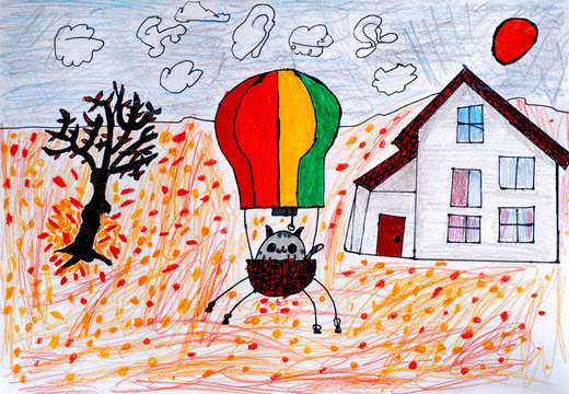 Child hand drawing. Cat in a hot air balloon ready to fly in autumn day.