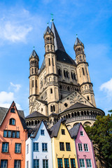 Fototapeta na wymiar View of colorful architecture and old church in Cologne Germany