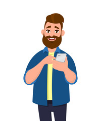Young man holding or using smartphone. Mobile phone concept. Vector illustration cartoon style.