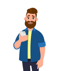 Young man holding smartphone. Mobile phone concept. Vector illustration cartoon style.