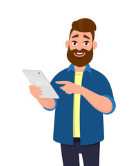 Man holding and using digital tablet computer. Tablet computer concept illustration. Vector illustration in cartoon style.
