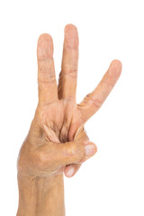 senior hand counting number 3 (three) isolate on a white background