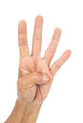 senior hand counting number 4 (four) isolate on white background