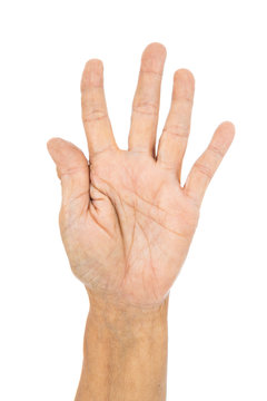 senior hand counting number 5 (five) isolate on white background
