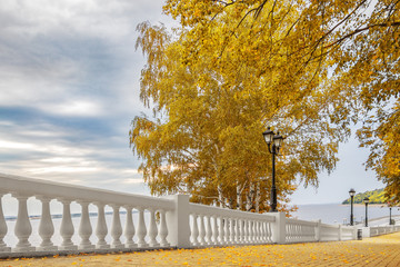 Autumn park in the city on the bank of the Volga River.