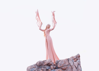 wonderful elegant girl with blond fair hair with tiara, wearing a luxurious long light pink...
